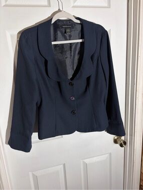 Moda International Deep Navy Scallop Collar Lined Button Up Blazer Size 12